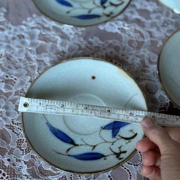 Vintage Japanese Porcelain Dessert Dishes – Set of 4 | Blue Leaf Hand-Painted - Picture 3 of 8